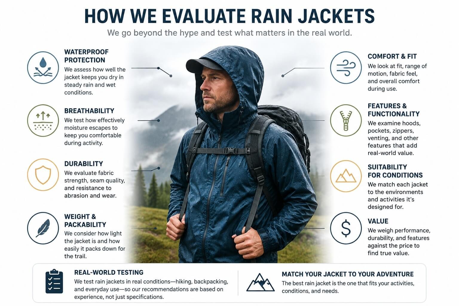 How we evaluate rain jackets based on waterproofing, breathability, durability, weight, comfort, features, and real-world conditions.