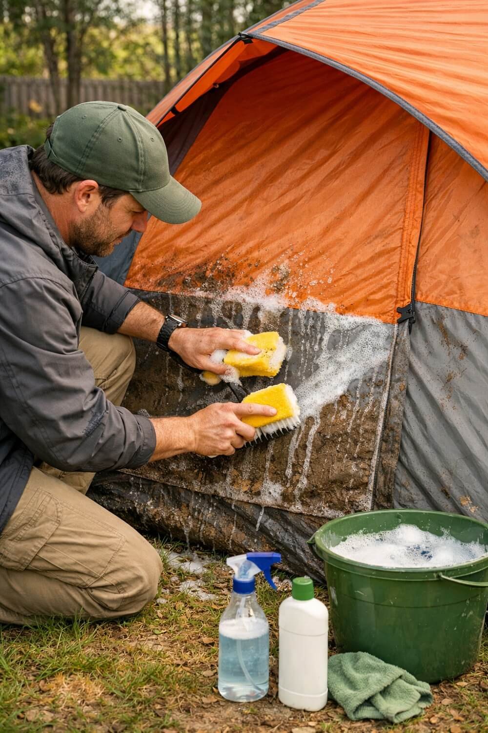 Cleaning a camping tent with a soft brush and mild soap to remove dirt and stains