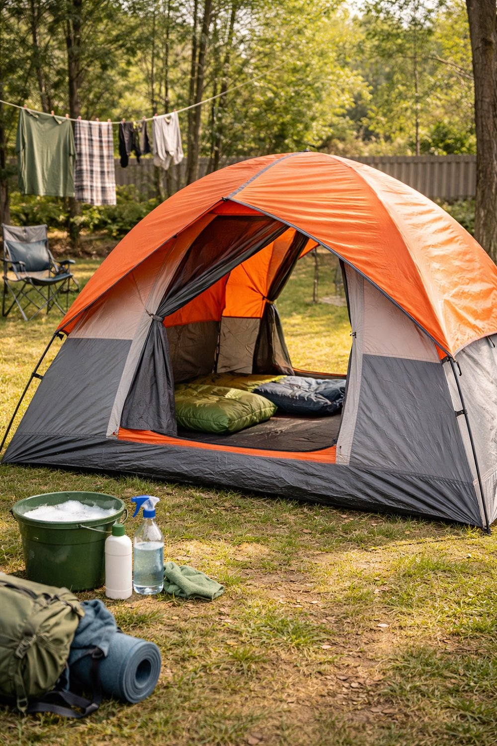 Clean camping tent drying in sunlight after washing