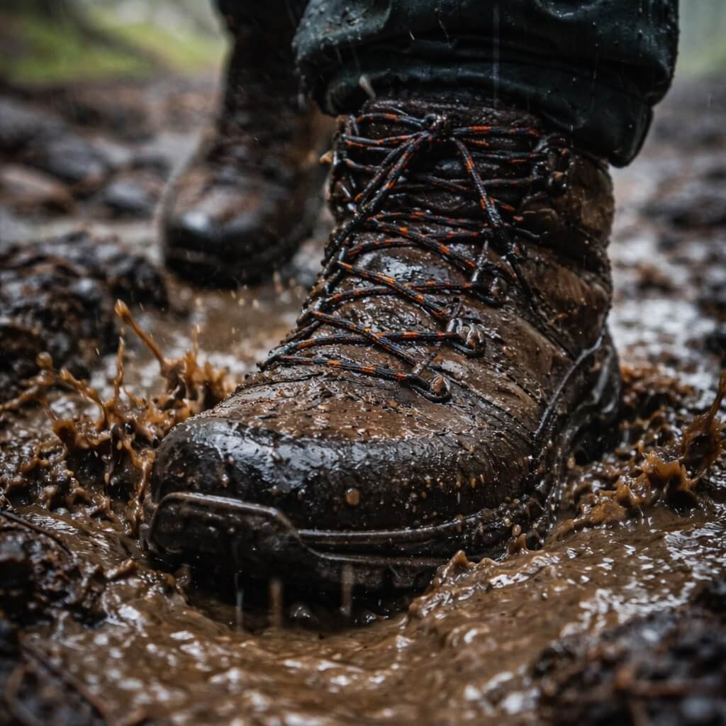 Waterproof hiking boots on muddy trail in rainy conditions