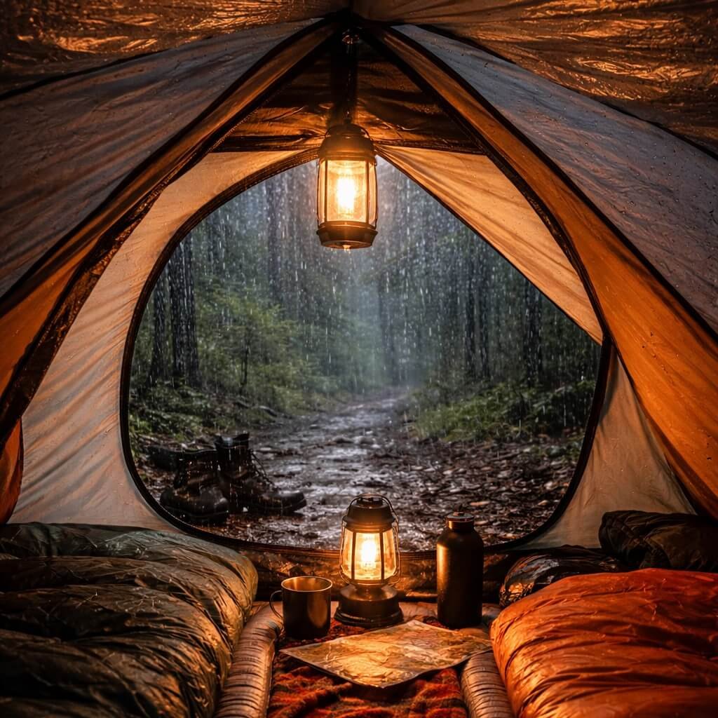 Double-wall tent setup during continuous rain in mountains