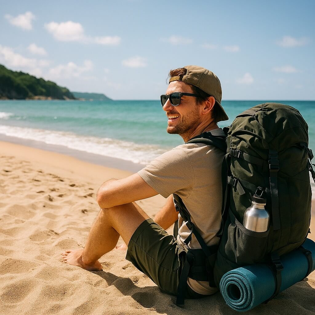 Beach day essentials packed for a camping and hiking adventure by the coast
