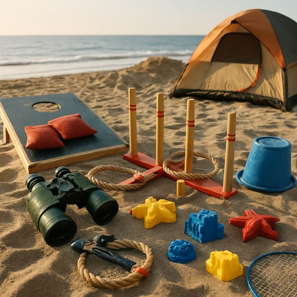 Beach day essentials including games, binoculars, and outdoor entertainment gear for campers and hikers