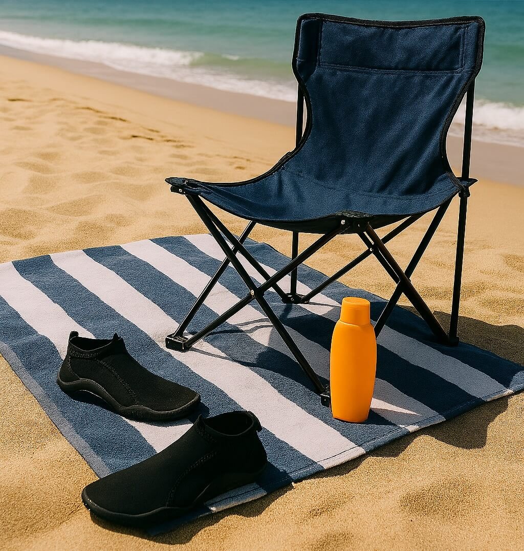 Water shoes and portable comfort gear as essential beach day equipment for campers