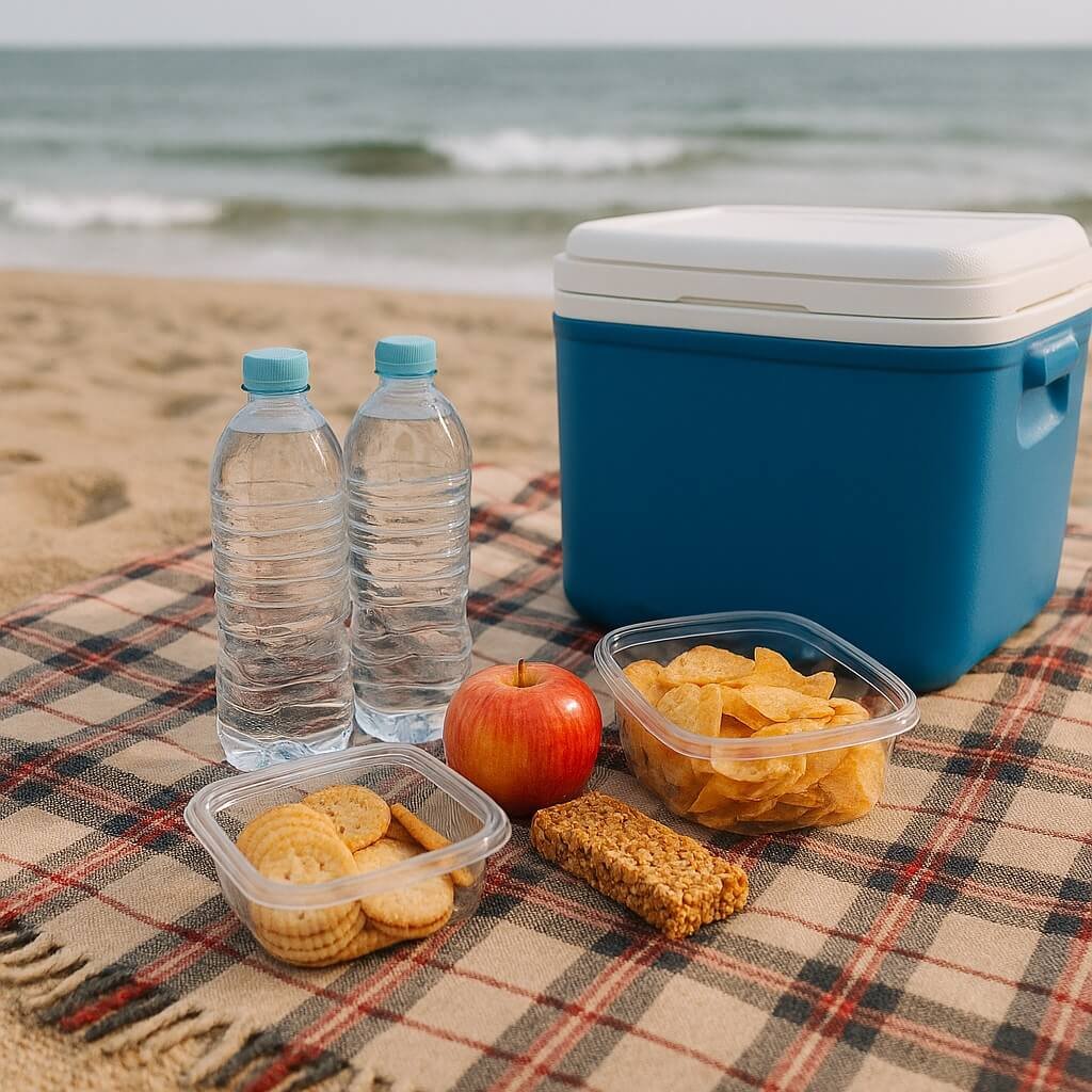 Camper refilling a reusable water bottle with healthy beach day essentials for a beach hiking and camping trip