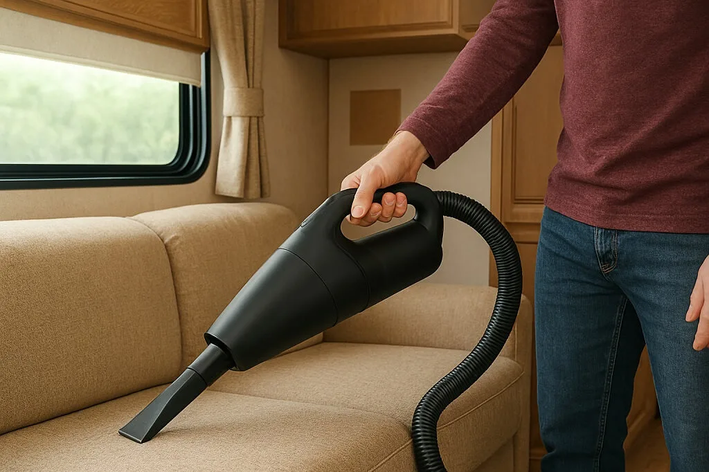 Handheld vacuum cleaner being used to clean a couch inside an RV