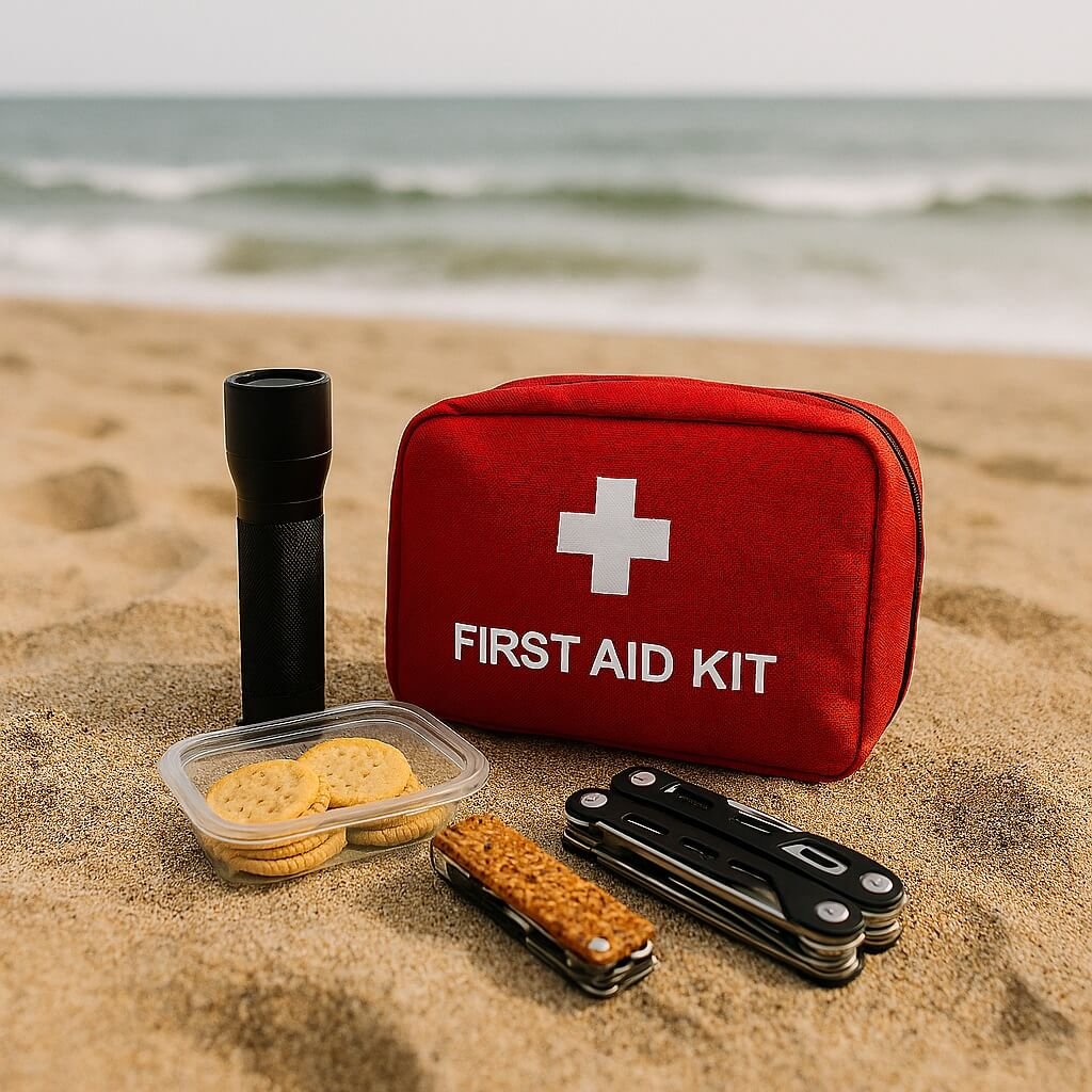 Portable first aid kit and essential safety gear for beach camping and hiking trips
