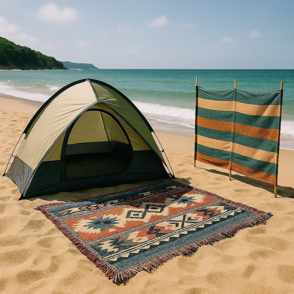 Pop-up beach tent providing shade as part of essential beach day gear