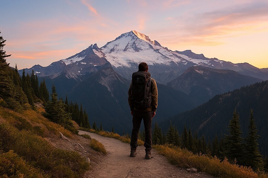 Backpacker standing alone on a trail looking at a mountain view during a solo hiking trip