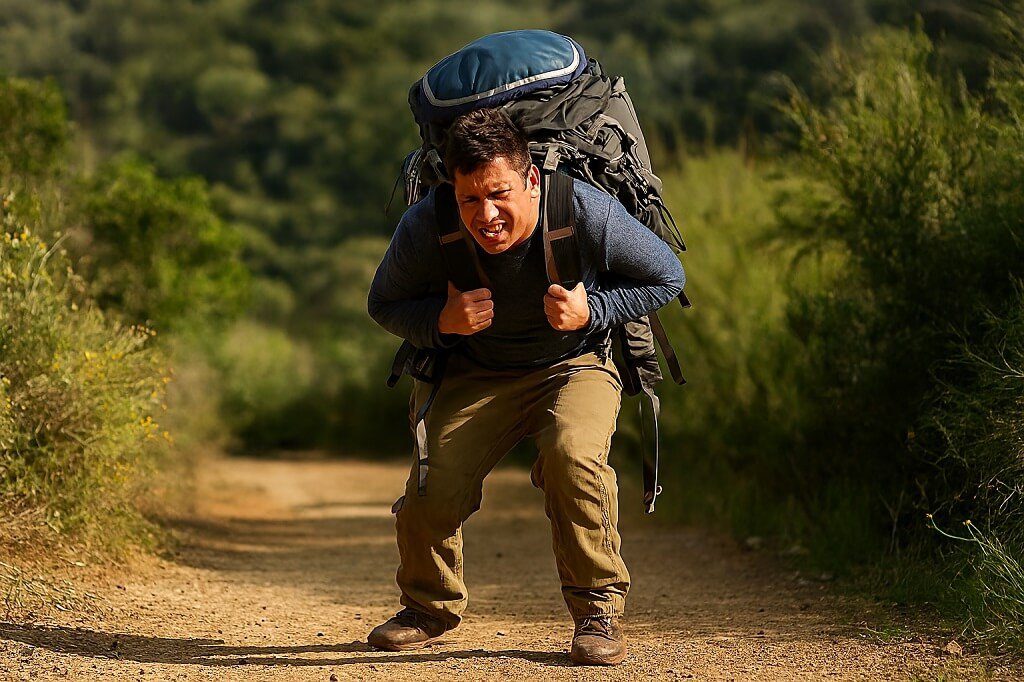 Backpacker struggling with an oversized pack on a hiking trail