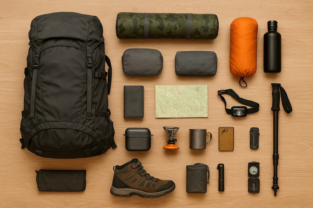 Flat lay of solo backpacking gear neatly organized for a hiking trip