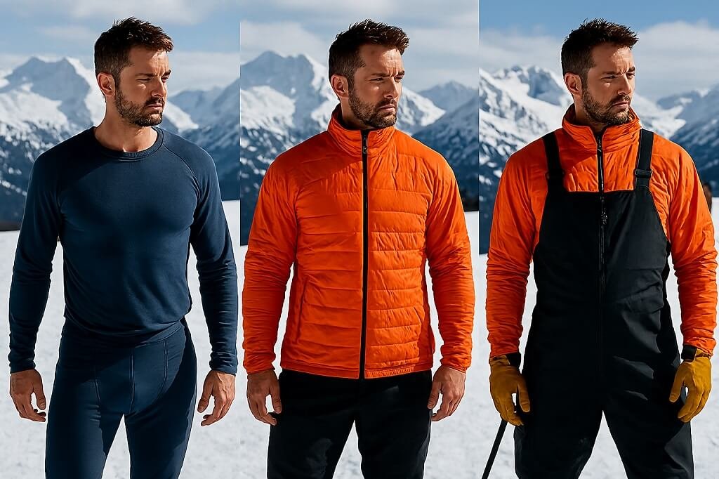 Layering system breakdown with base, mid, and shell bib