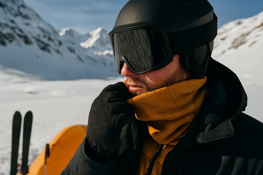 Skier adjusting gloves and neck gaiter for warmth