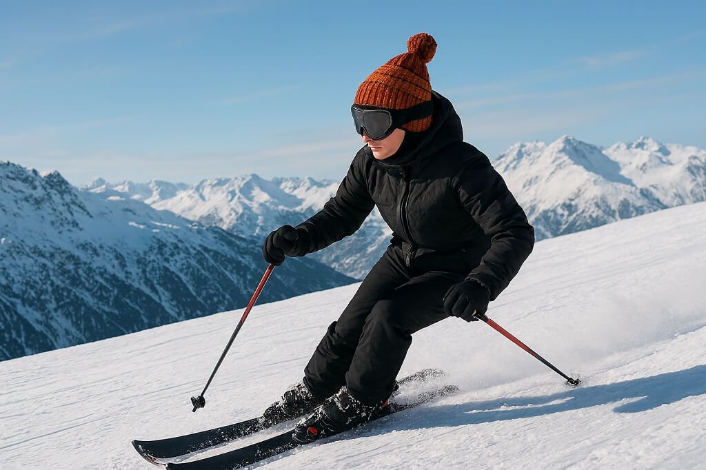 Skier wearing a stylish, warm helmet cover on the slopes