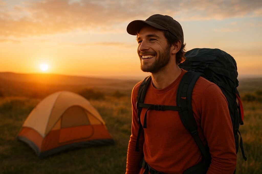 Solo backpacker smiling at sunrise with tent in the background
