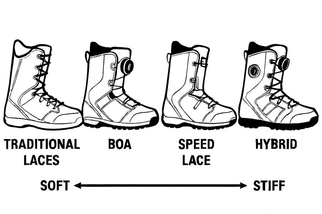 Snowboard boot lacing systems including BOA, traditional laces, and hybrid closure