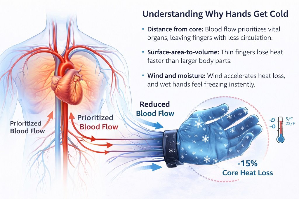 Hands receive less blood flow in cold conditions, making them more vulnerable to heat loss.