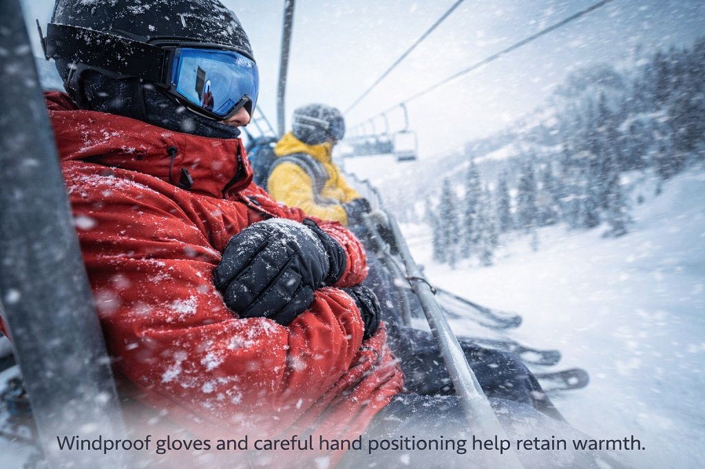 Windproof gloves and careful hand positioning help retain warmth.