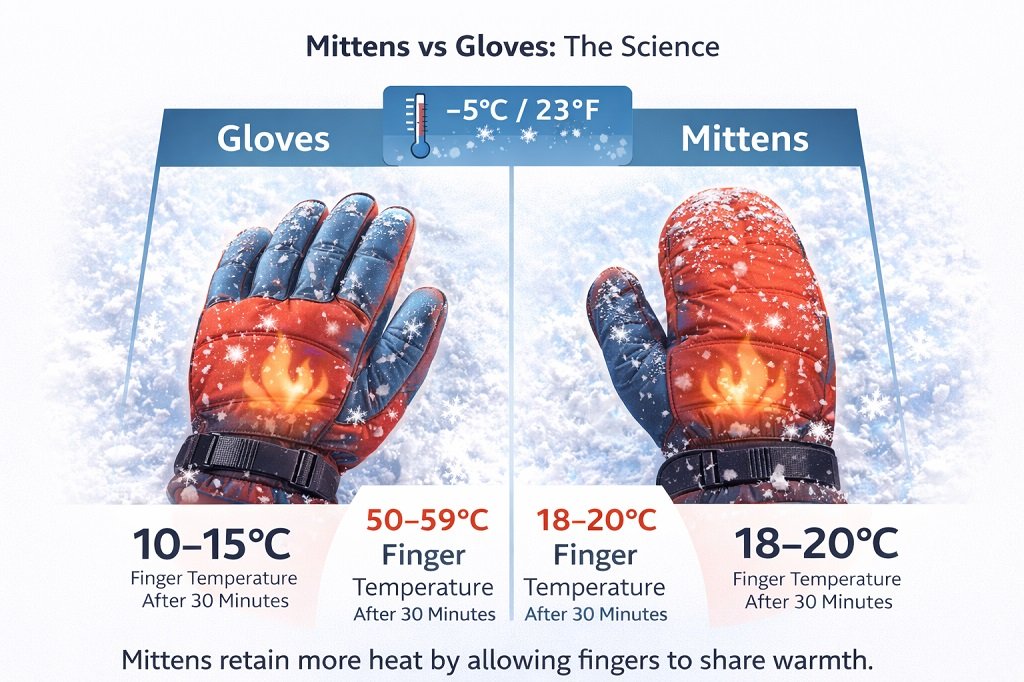 Mittens retain more heat by allowing fingers to share warmth.
