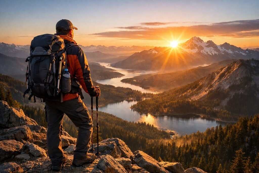Experienced backpacker overlooking a remote mountain wilderness during a multi-day hiking adventure