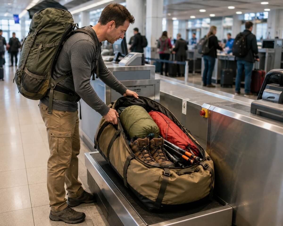 Traveler checking camping gear at an airport before flying to a camping destination.