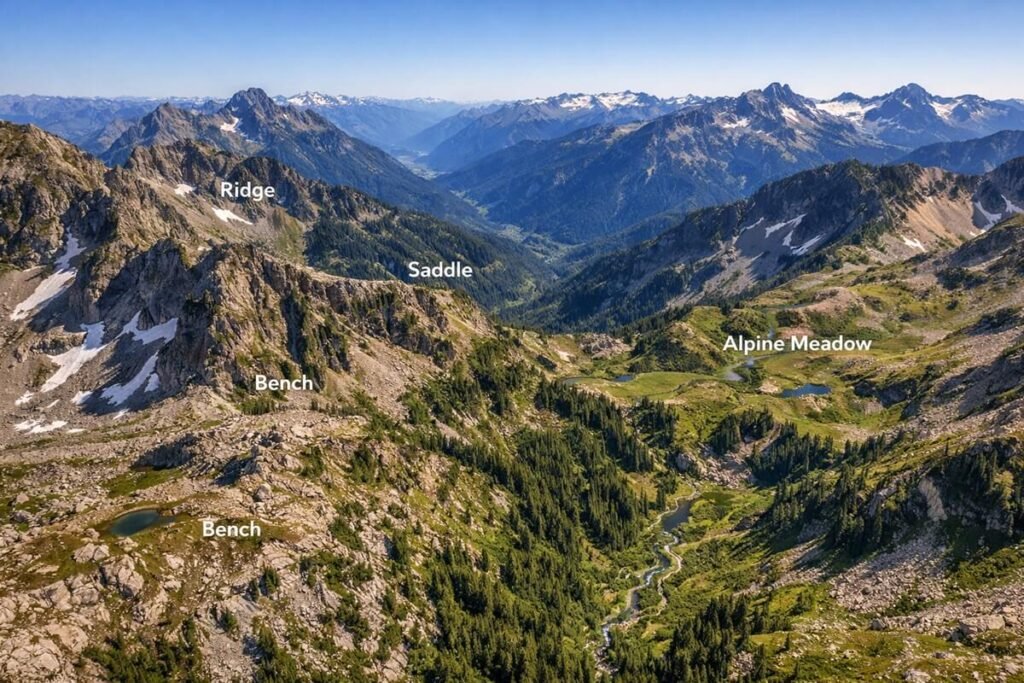 Mountain landscape showing ridges, valleys, saddles, and hiking terrain.
