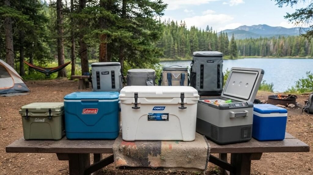 A variety of camping coolers, including rotomolded ice chests, soft-sided backpack coolers, and a portable electric car refrigerator, arranged on a rustic wooden picnic table at a lakeside campsite surrounded by pine trees and mountains.