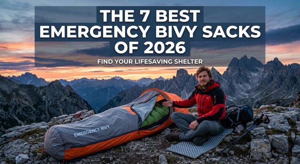A hiker sitting next to an emergency bivy sack on a rocky mountain ridge at sunset, with bold title text reading "The 7 Best Emergency Bivy Sacks of 2026."