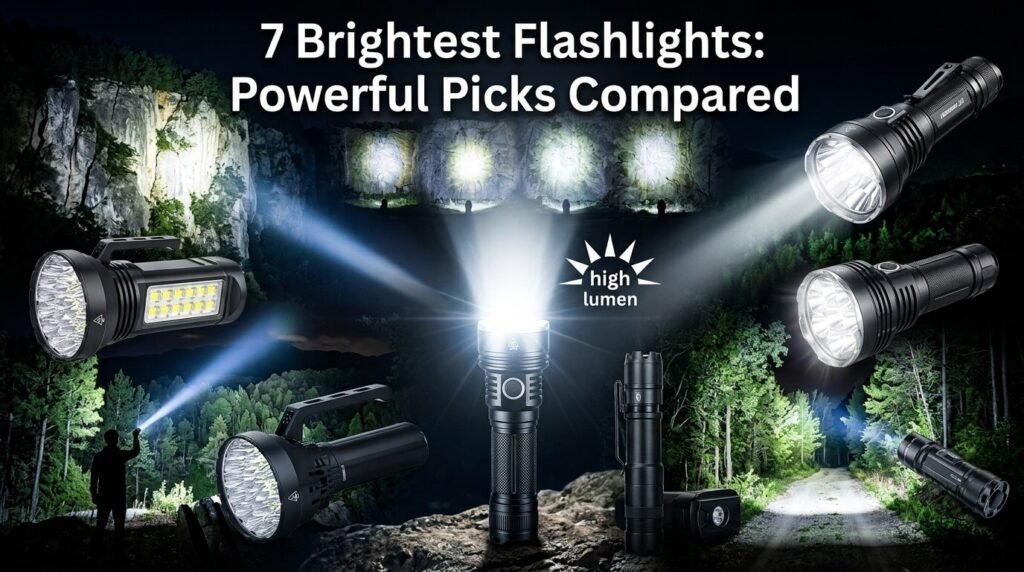 High-power flashlights shooting bright light beams across a dark night forest and rocky landscape