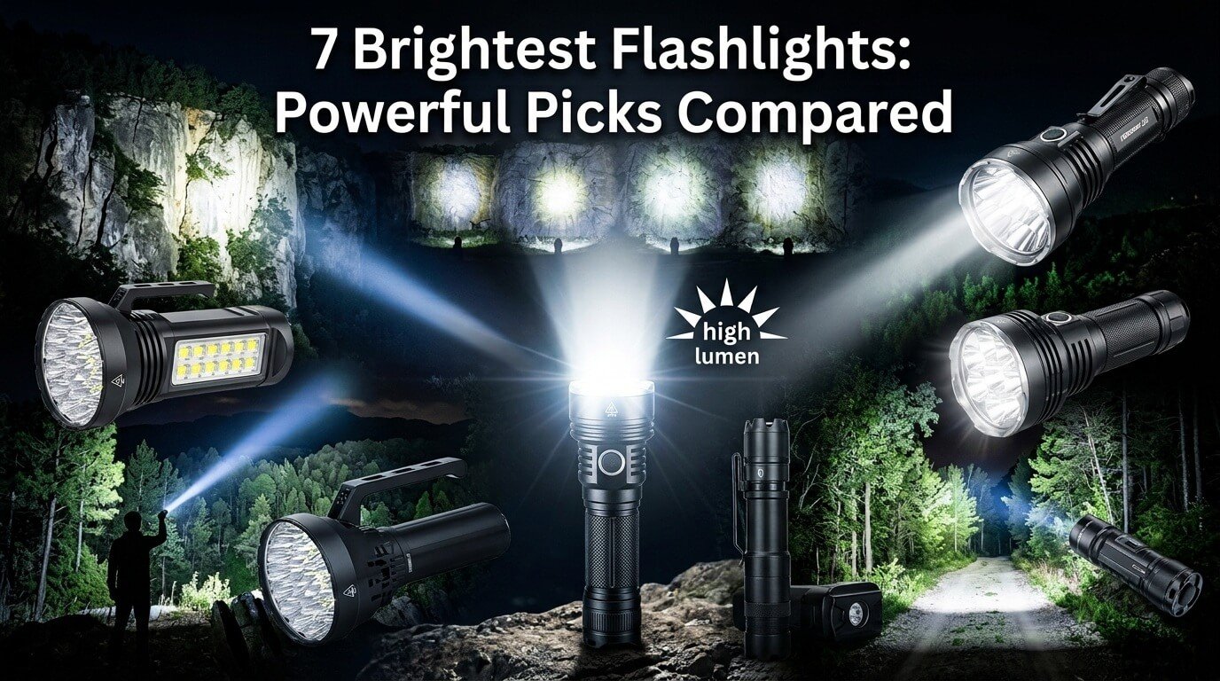 High-power flashlights shooting bright light beams across a dark night forest and rocky landscape