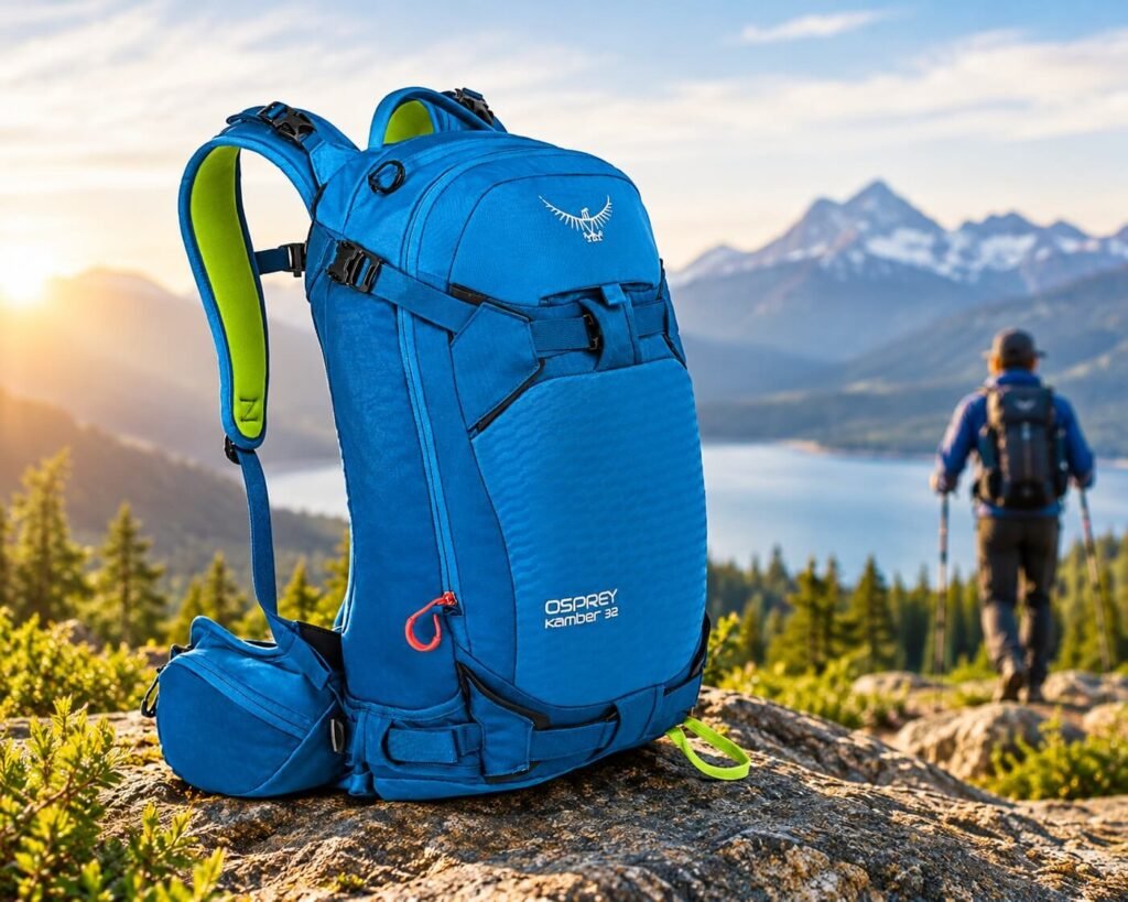 Blue Osprey Kamber 32 backpack on a rocky mountain overlook with a hiker, lake, and mountain scenery in the background.
