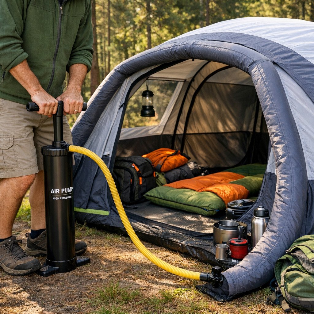 Camper setting up a Pavillo inflatable tent outdoors, demonstrating fast inflation and practical camping use.
