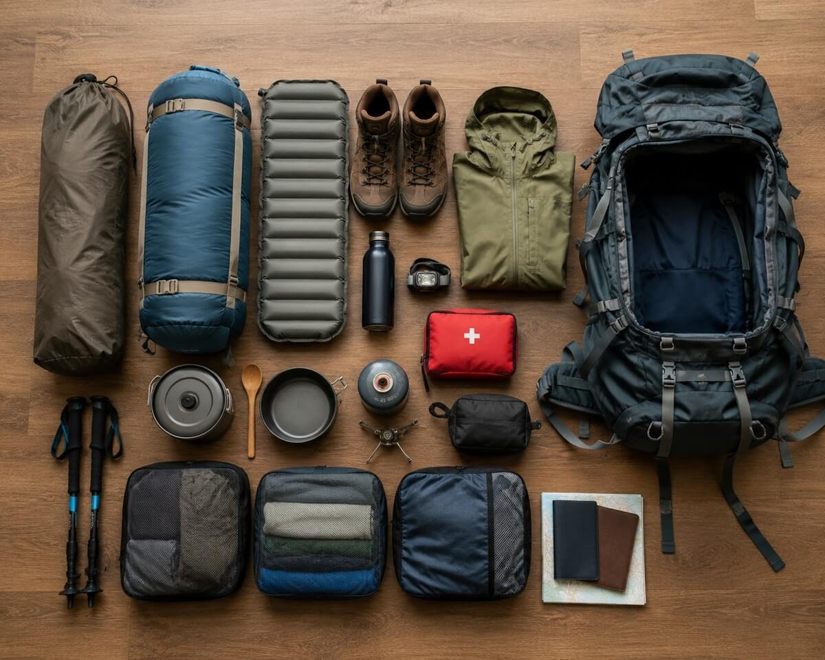 Camper packing a hiking backpack with camping gear for air travel before heading to the airport.