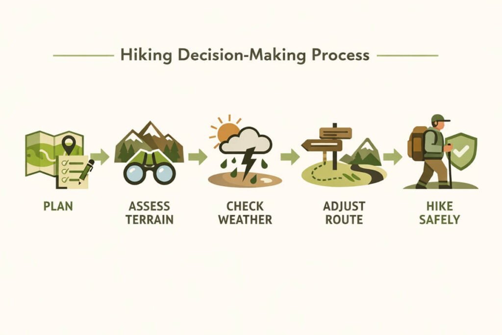 Infographic showing the decision-making process used by experienced hikers.
