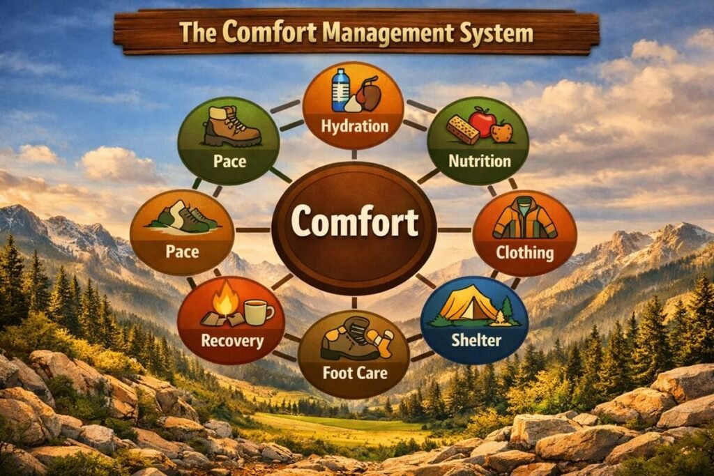Comfort management infographic highlighting hydration, nutrition, clothing, shelter, sleep, and recovery