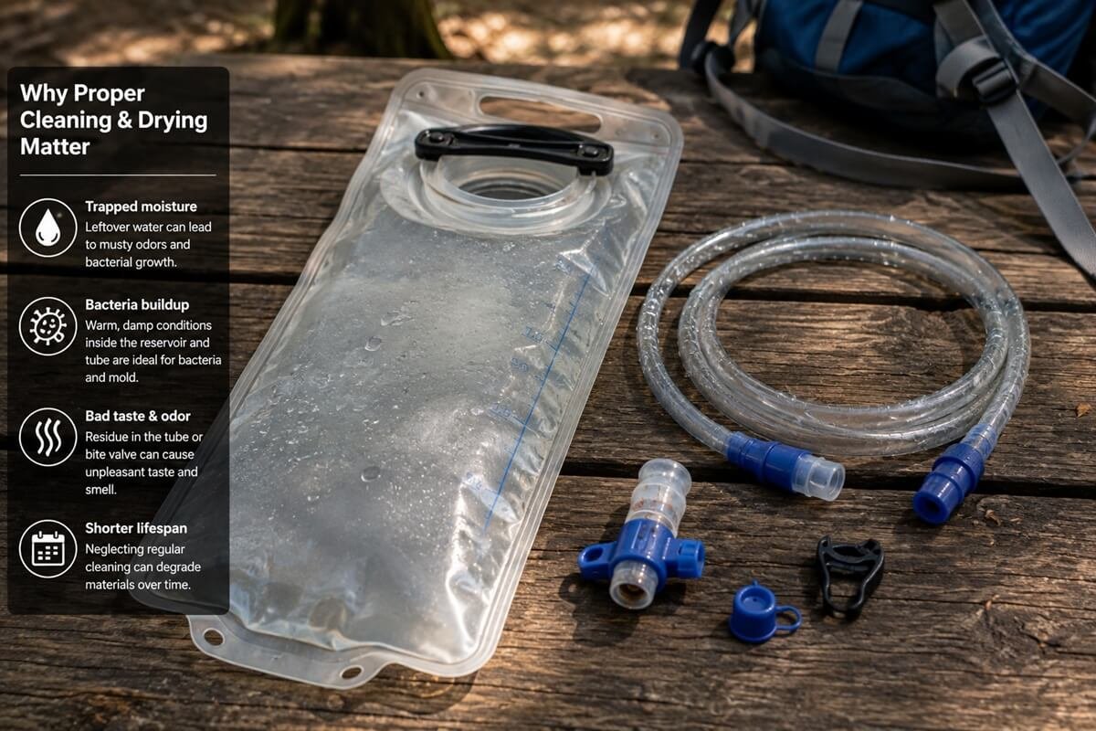 Common hydration bladder cleaning mistakes including trapped moisture and residue in the tube and bite valve