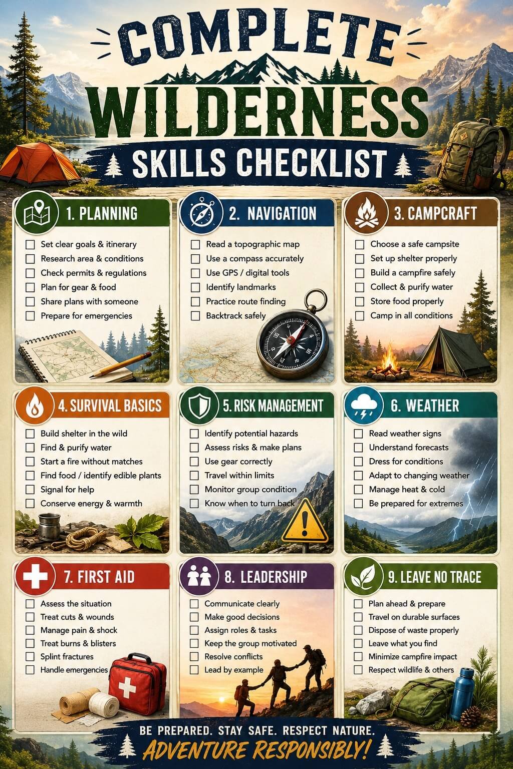 Complete wilderness skills checklist covering planning, navigation, campcraft, first aid, weather, and outdoor safety