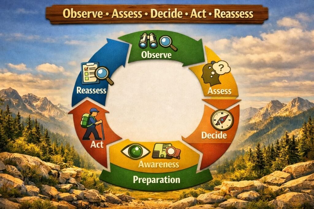 Outdoor decision-making cycle showing observe, assess, decide, act, and reassess steps