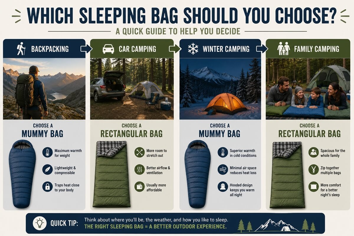 Choosing between a mummy and rectangular sleeping bag for camping