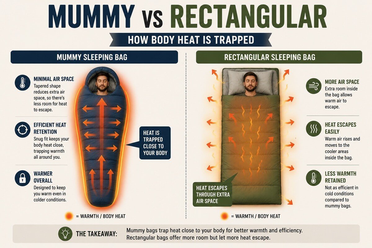 Heat retention comparison in mummy and rectangular sleeping bags
