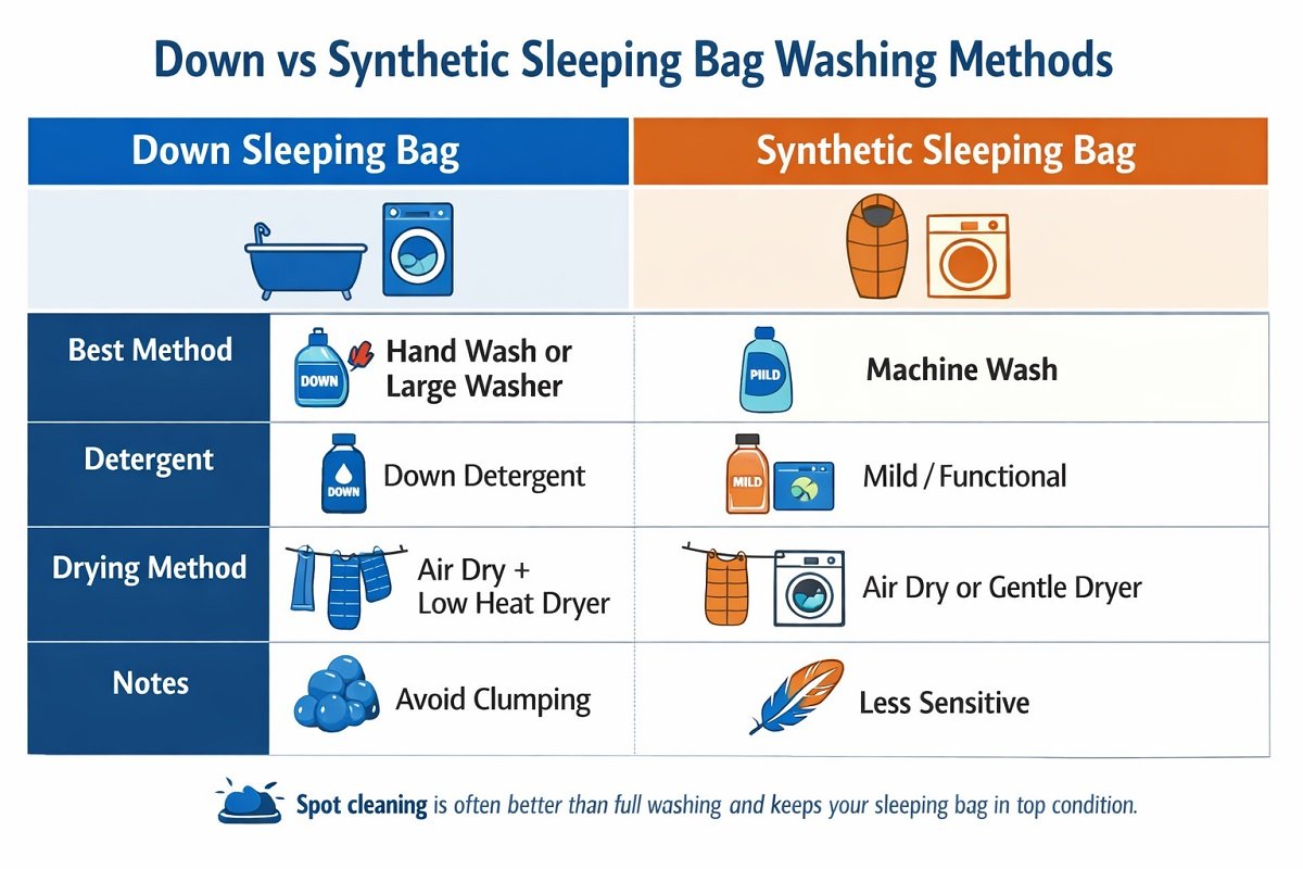 Comparison of down and synthetic sleeping bag washing and drying methods.