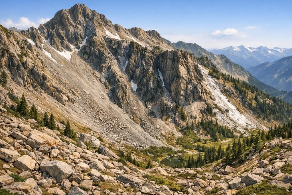 Illustration showing common terrain hazards found on mountain trails.
