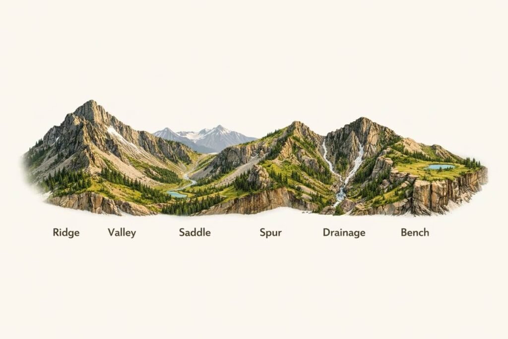 Infographic explaining common mountain terrain features used in navigation.
