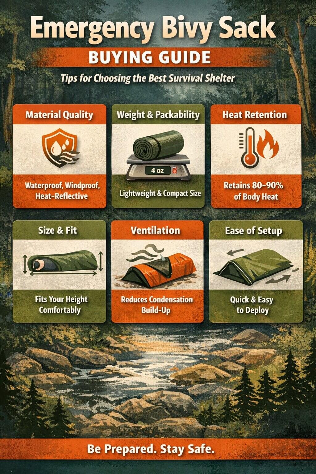 Emergency bivy sack buying guide infographic showing material quality, weight, heat retention, size, ventilation, and ease of setup