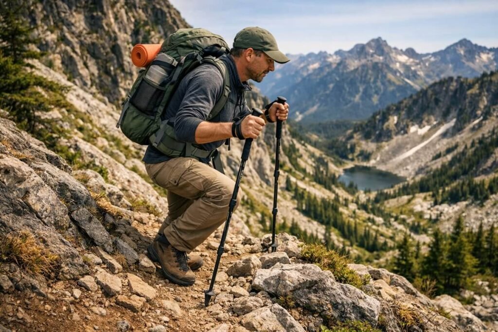 Hiker using efficient climbing technique on a steep trail.
