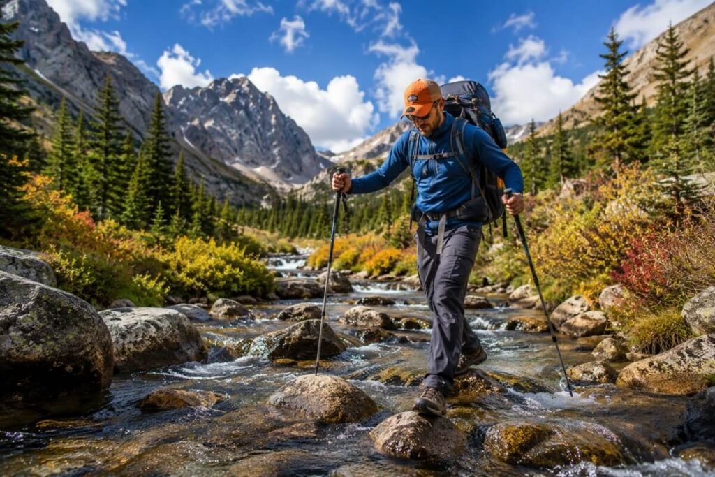 Backpacker safely crossing a mountain stream with trekking poles.