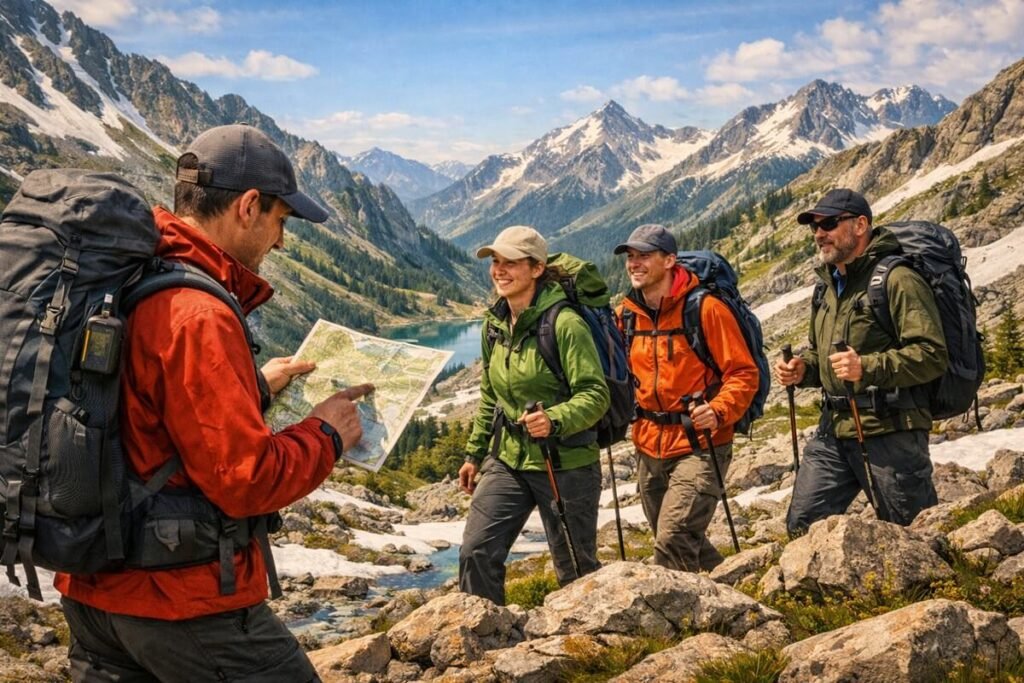 Hiking group demonstrating outdoor leadership, navigation, communication, and teamwork on a mountain trail