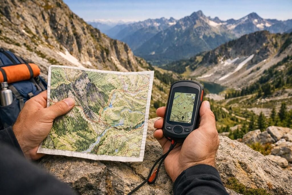 Hiker using GPS alongside a paper map for navigation.

