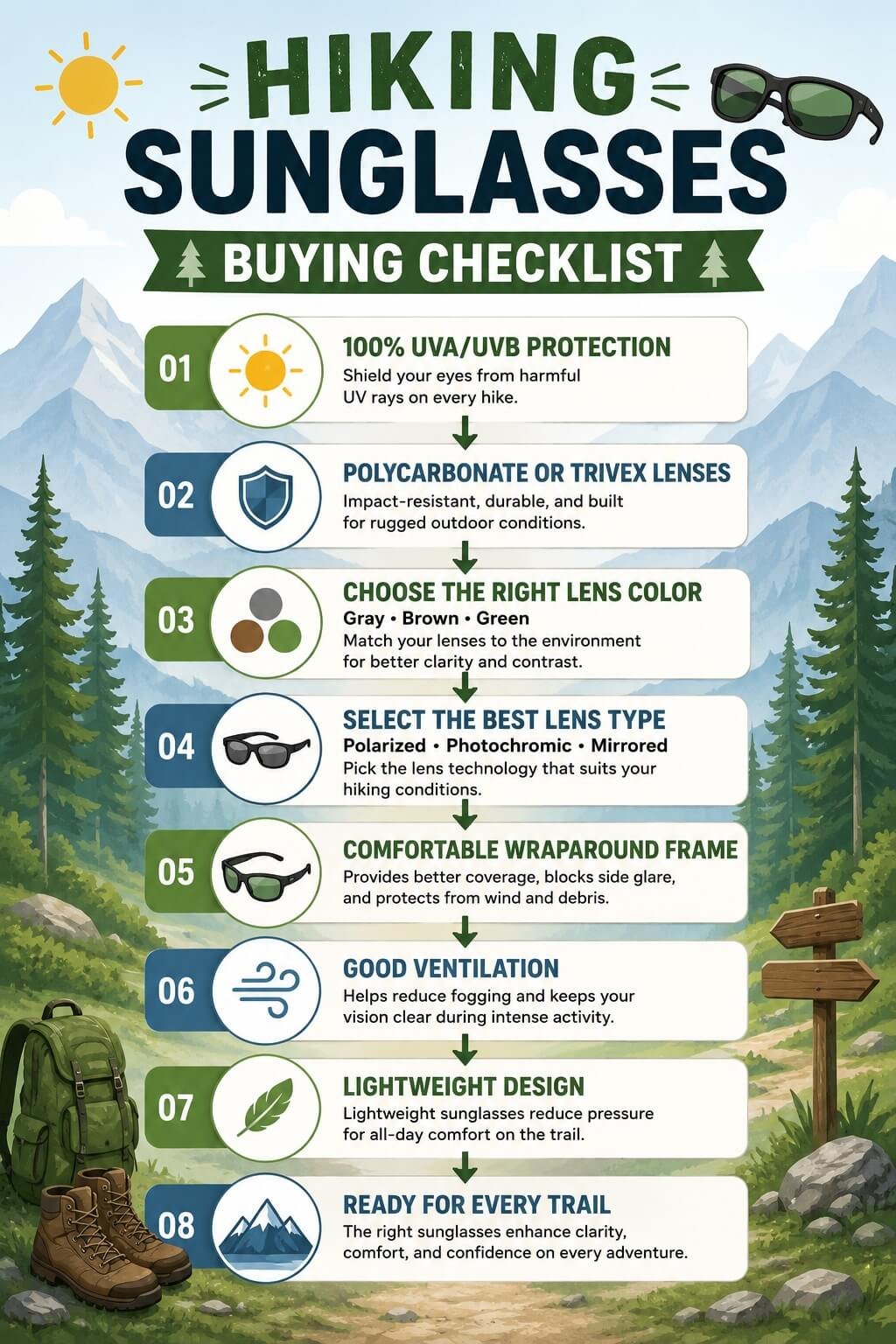 Hiking sunglasses buying checklist showing UV protection, lens material, lens color, frame fit, ventilation, and lightweight design.