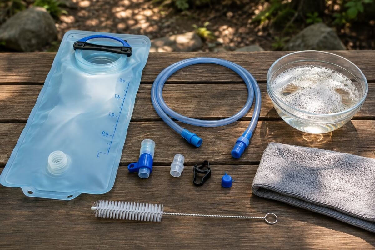 Hydration bladder disassembled for cleaning with reservoir, drinking tube, bite valve, and cleaning brush